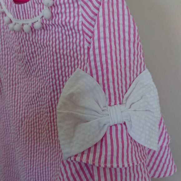 RARE EDITIONS Toddler Girls Pink & White Striped Dress with Pom Pom Trim size 5T - Picture 5 of 10